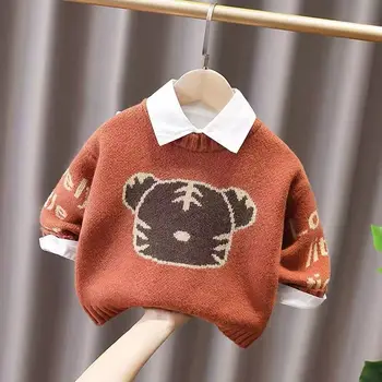 Свитер для маленьких мальчиков, 2023 новый зимний свитер-основа с бархатными утолщающими полями для детей, сохраняющий тепло
