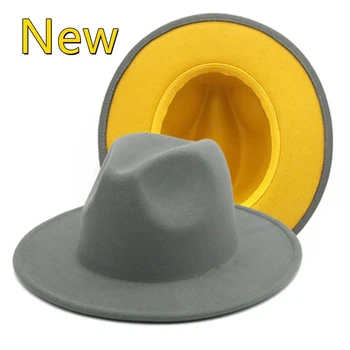 Серо-желтая фетровая шляпа, новая широкополая шляпа, Панама, фетровая шляпа, мужская джазовая шляпа, церковный цилиндр, женская шляпа, мужская шляпа женская