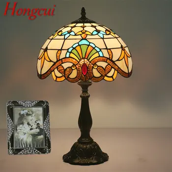 Современная настольная лампа Hongcui Tiffany, креативный светодиодный светильник из европейского витражного стекла в стиле ретро, декор для дома, гостиной, спальни