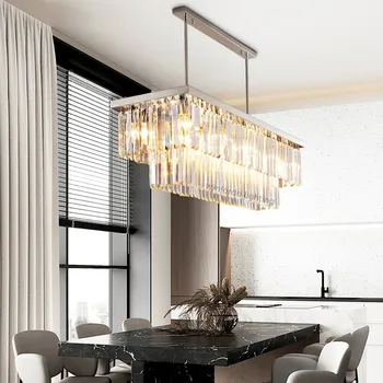 Современная прямоугольная люстра из серебристого хрусталя для столовой, подвесные хрустальные лампы на кухонном острове, Роскошный домашний декор, светодиодная подсветка