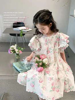 Французское хлопковое платье для девочек в цветочек, летнее новое модное детское платье с коротким рукавом и длинными кружевными рукавами, детская одежда для девочек