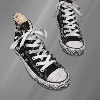Черные парусиновые туфли с высоким берцем, уличные кроссовки в стиле хип-хоп с треугольными заклепками, заклепки ручной работы, удобная вулканизированная обувь 35-46