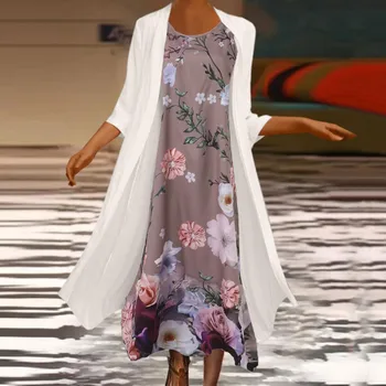 Элегантное платье Макси с винтажным принтом, комплект из двух предметов, Длинный кардиган с рукавом 3/4 и цветочным принтом, наряды с круглым вырезом, костюм Harajuku