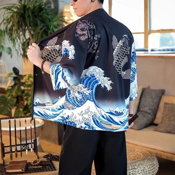 Японское кимоно кардиган мужчины хаори юката мужской костюм самурая одежда куртка кимоно мужская рубашка кимоно юката хаори FF001