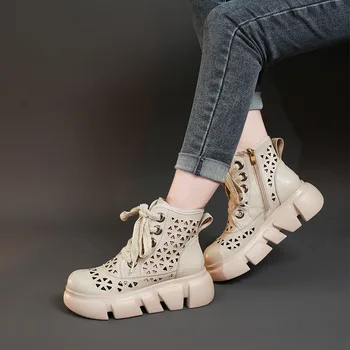 женские летние ботильоны с отверстиями из натуральной кожи 5 см, модная дизайнерская роскошная обувь на платформе и молнии, аутентичная британская женская обувь большого размера