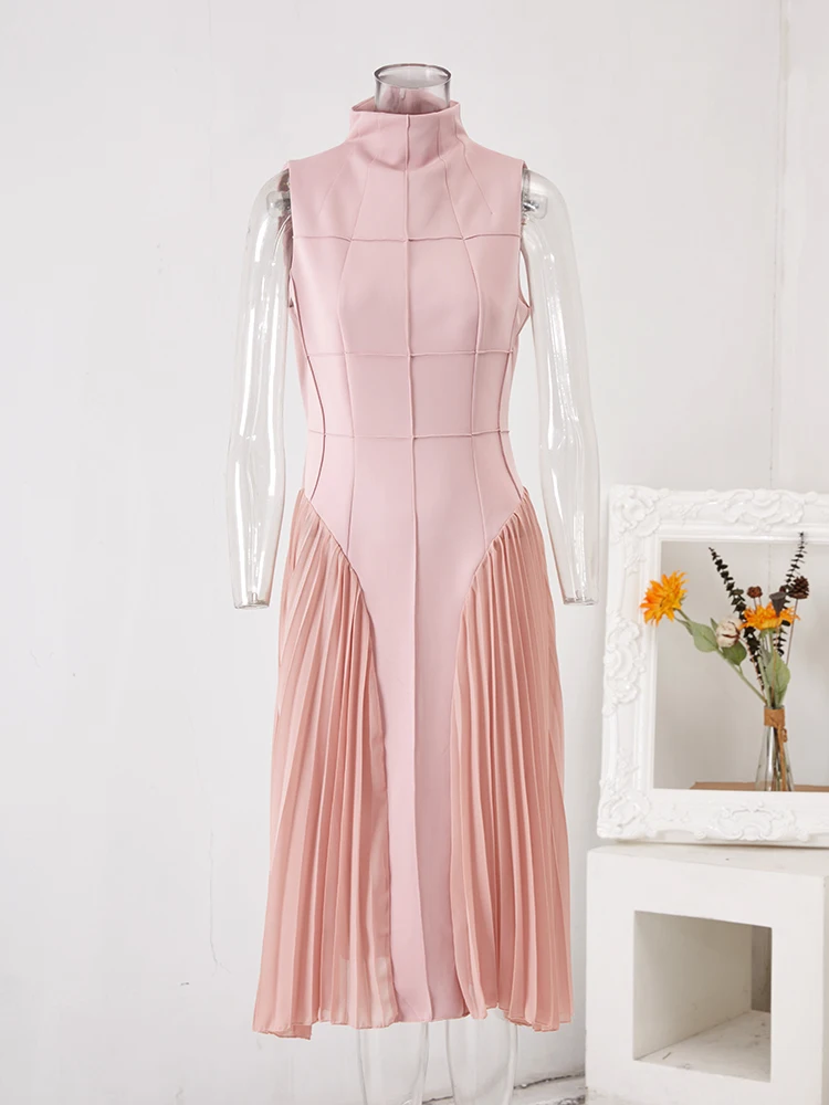 [EWQ] Милое женское плиссированное платье без рукавов со стоячим вырезом, красивая одежда, летние розовые вечерние платья 2023 года 0