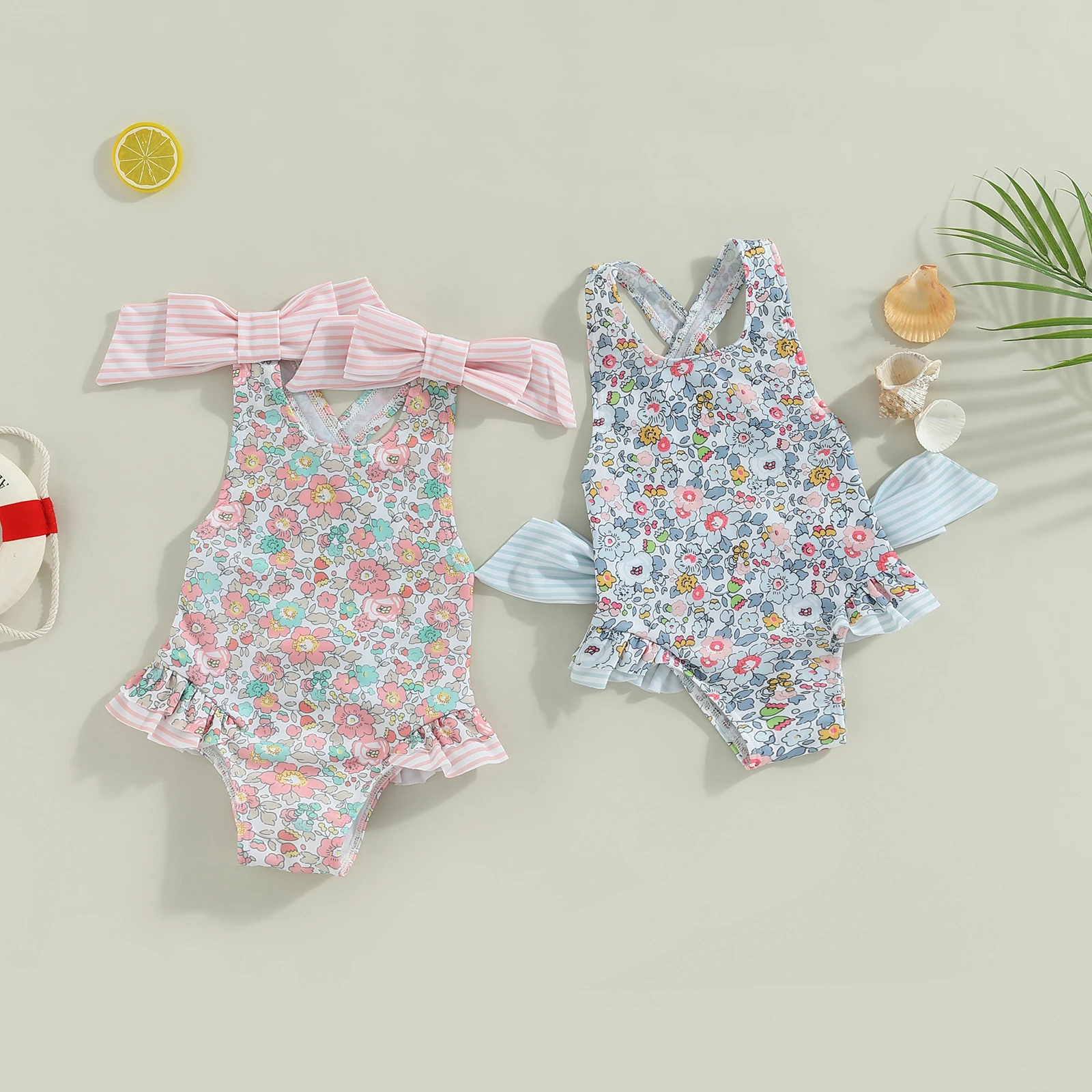 Для детей 1-6 лет, летний купальник для маленьких девочек, без рукавов, с перекрестной спинкой, с цветочным принтом и рюшами, купальный костюм 0