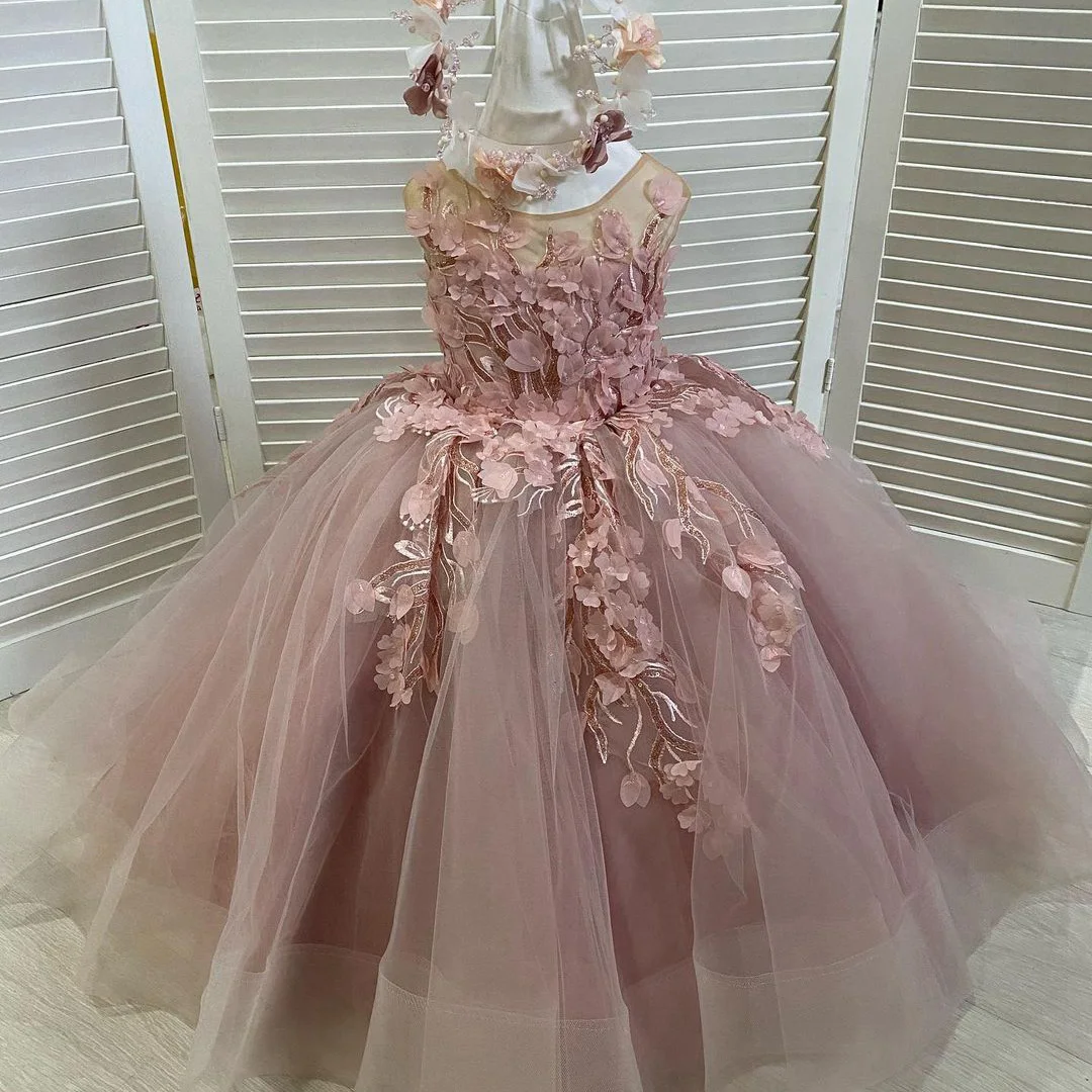 Реальное изображение Детские свадебные платья из розового тюля для девочек, длинное платье принцессы с цветами ручной работы, рождественское платье для маленьких девочек, vestidos 0