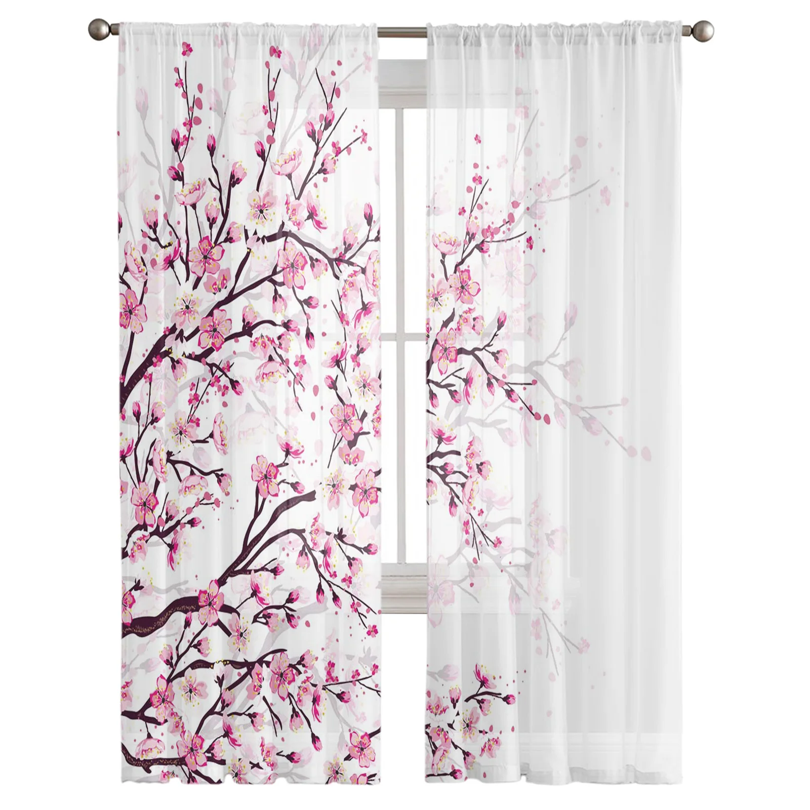 Японская вишня, ветки сливы, Розово-белый цветок, прозрачные занавески для гостиной, Тюлевые окна, Короткие занавески из вуалевой пряжи. 0
