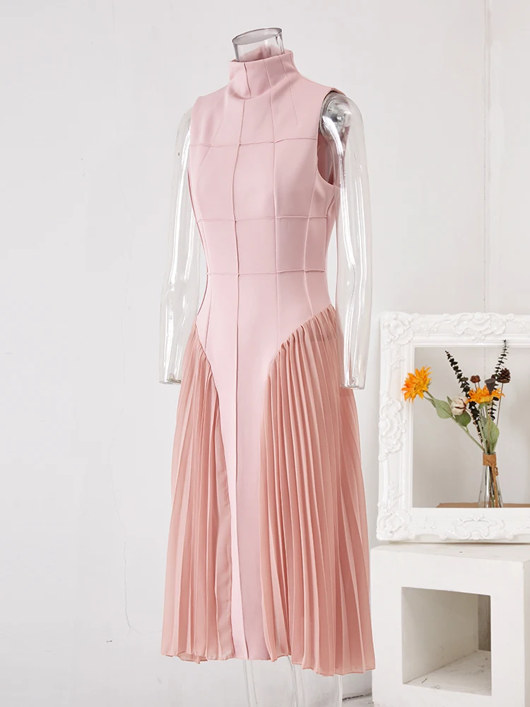 [EWQ] Милое женское плиссированное платье без рукавов со стоячим вырезом, красивая одежда, летние розовые вечерние платья 2023 года 1