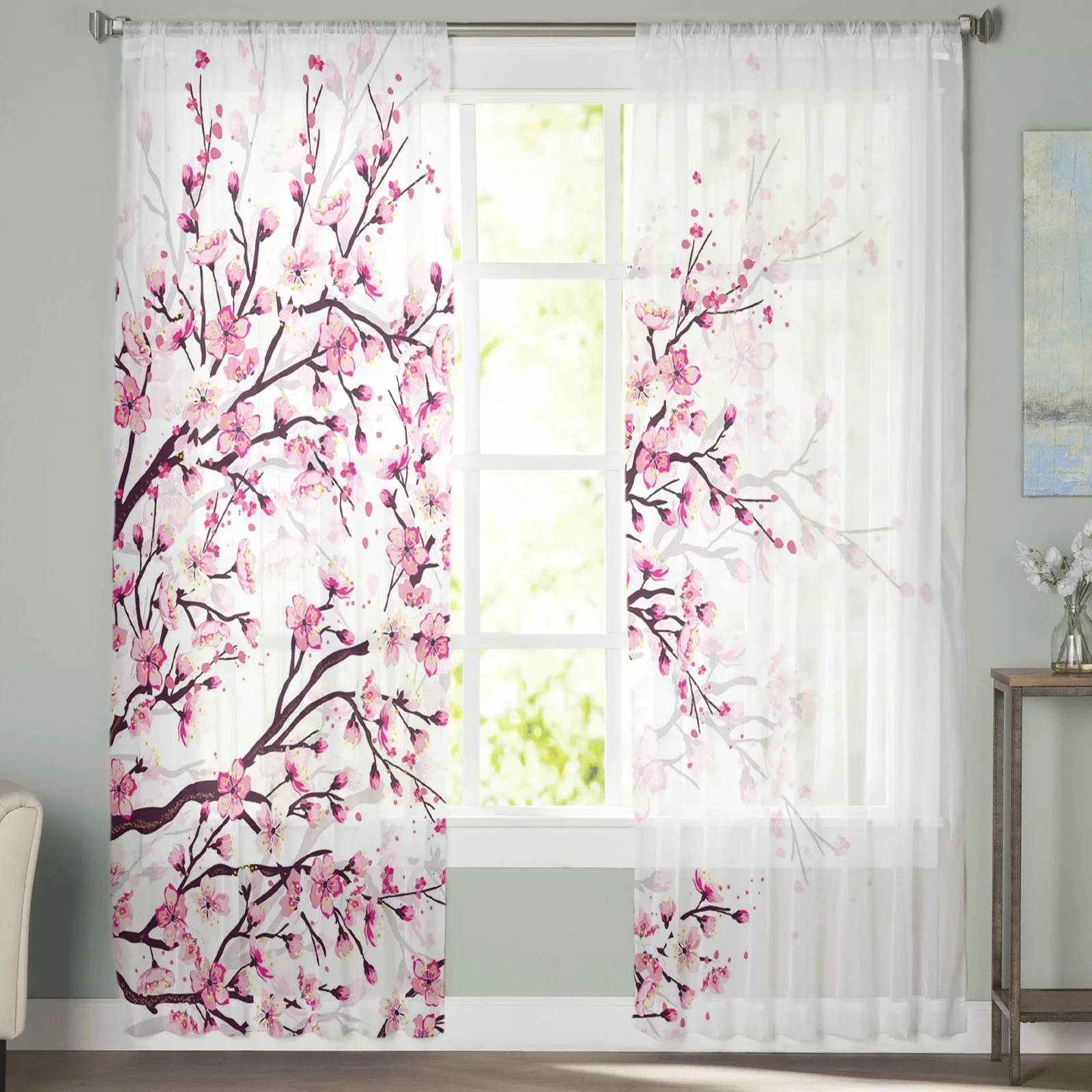 Японская вишня, ветки сливы, Розово-белый цветок, прозрачные занавески для гостиной, Тюлевые окна, Короткие занавески из вуалевой пряжи. 1