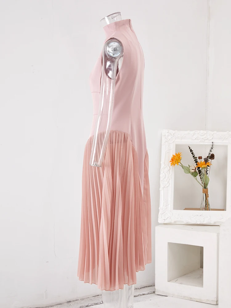 [EWQ] Милое женское плиссированное платье без рукавов со стоячим вырезом, красивая одежда, летние розовые вечерние платья 2023 года 2
