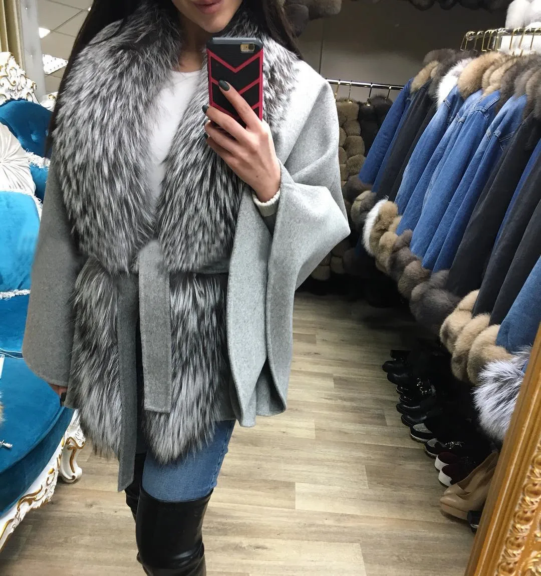 Q. FURDREAM/ Новое женское шерстяное пальто с воротником из натурального меха лисы, верхняя одежда, модное женское кашемировое шерстяное пальто, длинная тонкая одежда 2