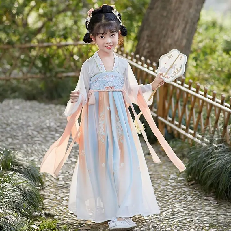 Для детей постарше Китайское улучшенное платье Hanfu Летнее Новое Вышитое Детское платье в Древнем стиле из шифона с высокой талией, длинные платья 2
