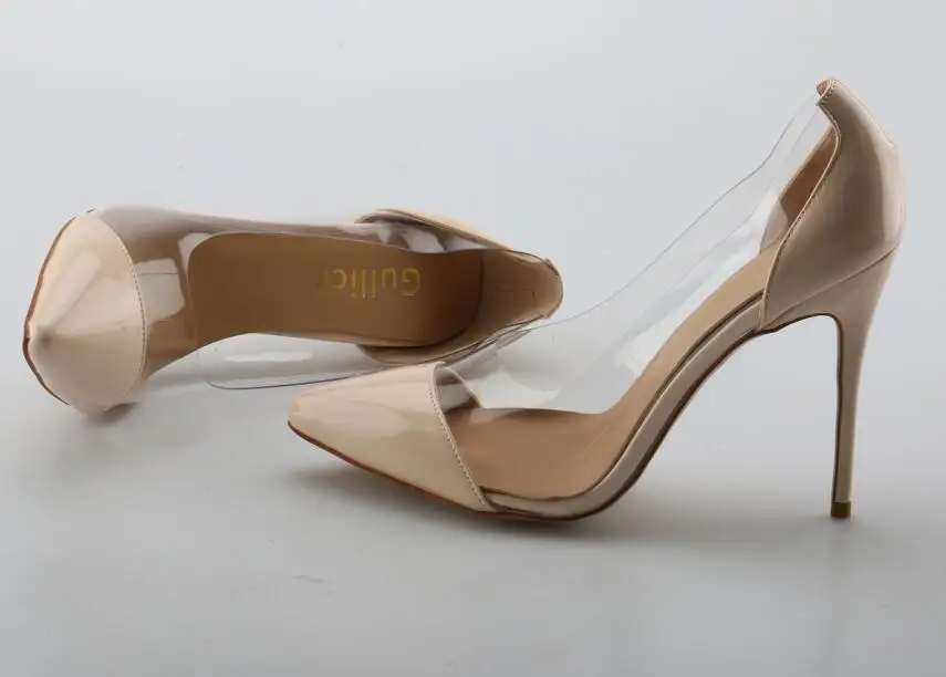 Прозрачные женские туфли на высоком каблуке из ПВХ, вечерние туфли на шпильке с острым носком, белые, телесного цвета, золотисто-красные туфли-лодочки из лакированной кожи 2