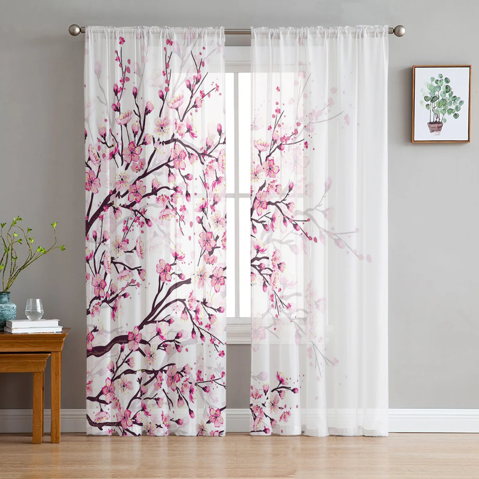 Японская вишня, ветки сливы, Розово-белый цветок, прозрачные занавески для гостиной, Тюлевые окна, Короткие занавески из вуалевой пряжи. 2