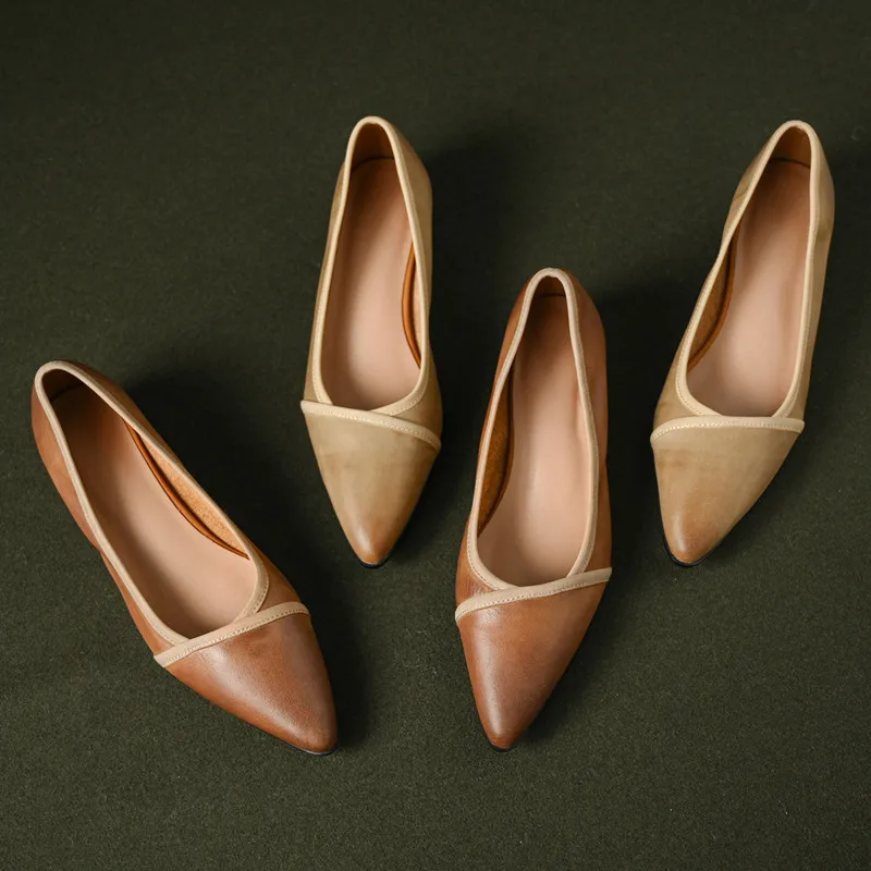 FEDONAS/ Женские туфли-лодочки на низком каблуке с острым носком, лаконичная повседневная обувь из натуральной кожи, женская весенне-летняя базовая обувь в стиле ретро 3