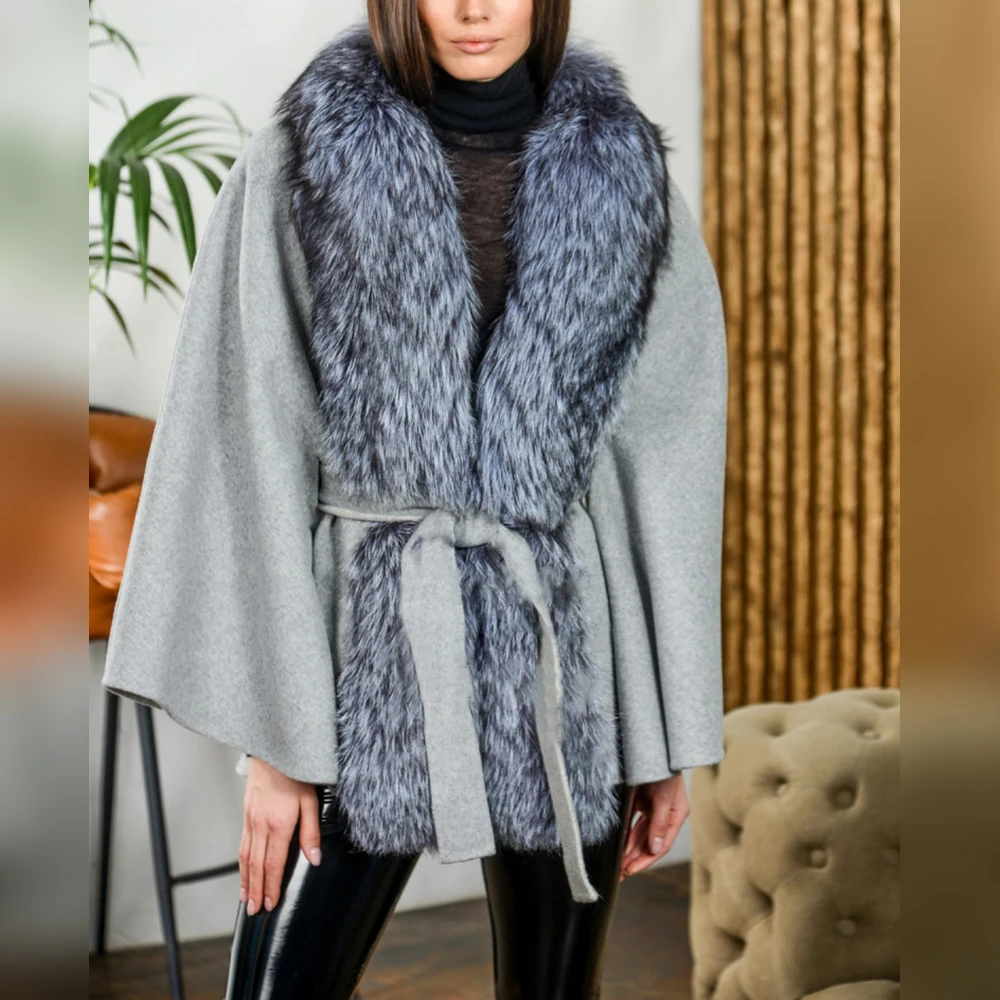 Q. FURDREAM/ Новое женское шерстяное пальто с воротником из натурального меха лисы, верхняя одежда, модное женское кашемировое шерстяное пальто, длинная тонкая одежда 3