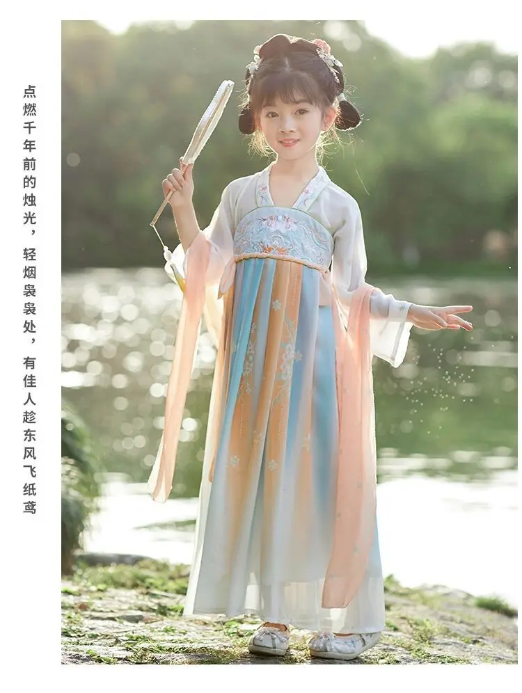 Для детей постарше Китайское улучшенное платье Hanfu Летнее Новое Вышитое Детское платье в Древнем стиле из шифона с высокой талией, длинные платья 3