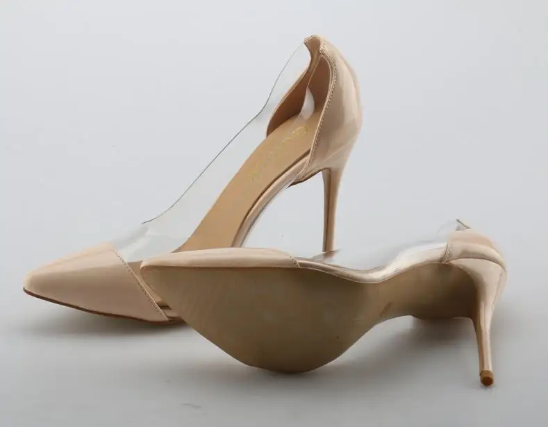Прозрачные женские туфли на высоком каблуке из ПВХ, вечерние туфли на шпильке с острым носком, белые, телесного цвета, золотисто-красные туфли-лодочки из лакированной кожи 3