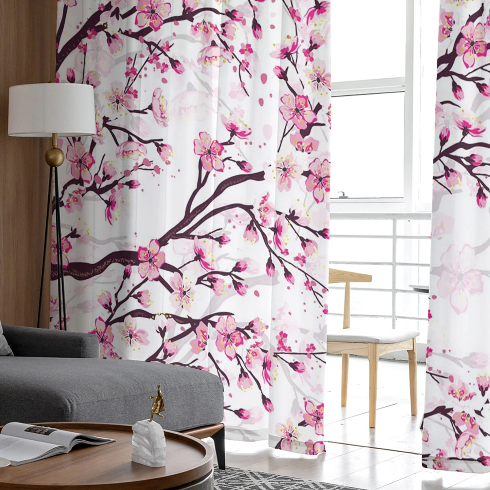 Японская вишня, ветки сливы, Розово-белый цветок, прозрачные занавески для гостиной, Тюлевые окна, Короткие занавески из вуалевой пряжи. 3