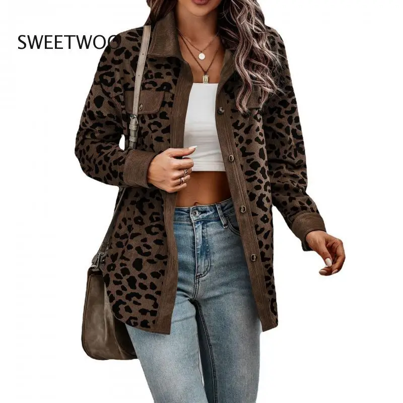 2023 Осенняя леопардовая куртка, женская вельветовая куртка, пальто, женская верхняя рубашка с длинным рукавом, Зимняя свободная рубашка, Куртки для женщин 4