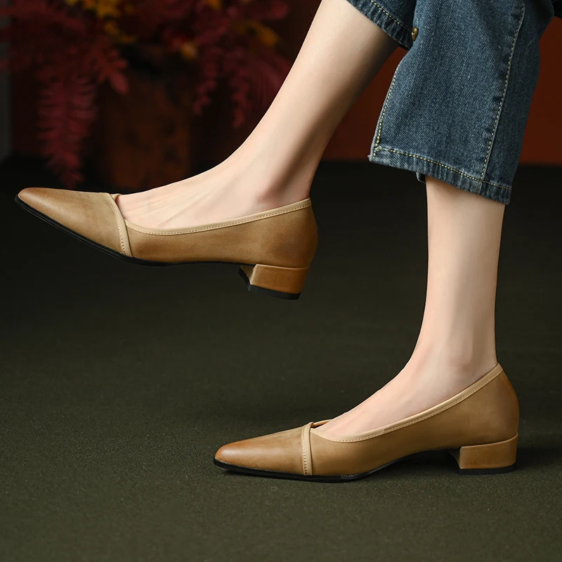 FEDONAS/ Женские туфли-лодочки на низком каблуке с острым носком, лаконичная повседневная обувь из натуральной кожи, женская весенне-летняя базовая обувь в стиле ретро 4