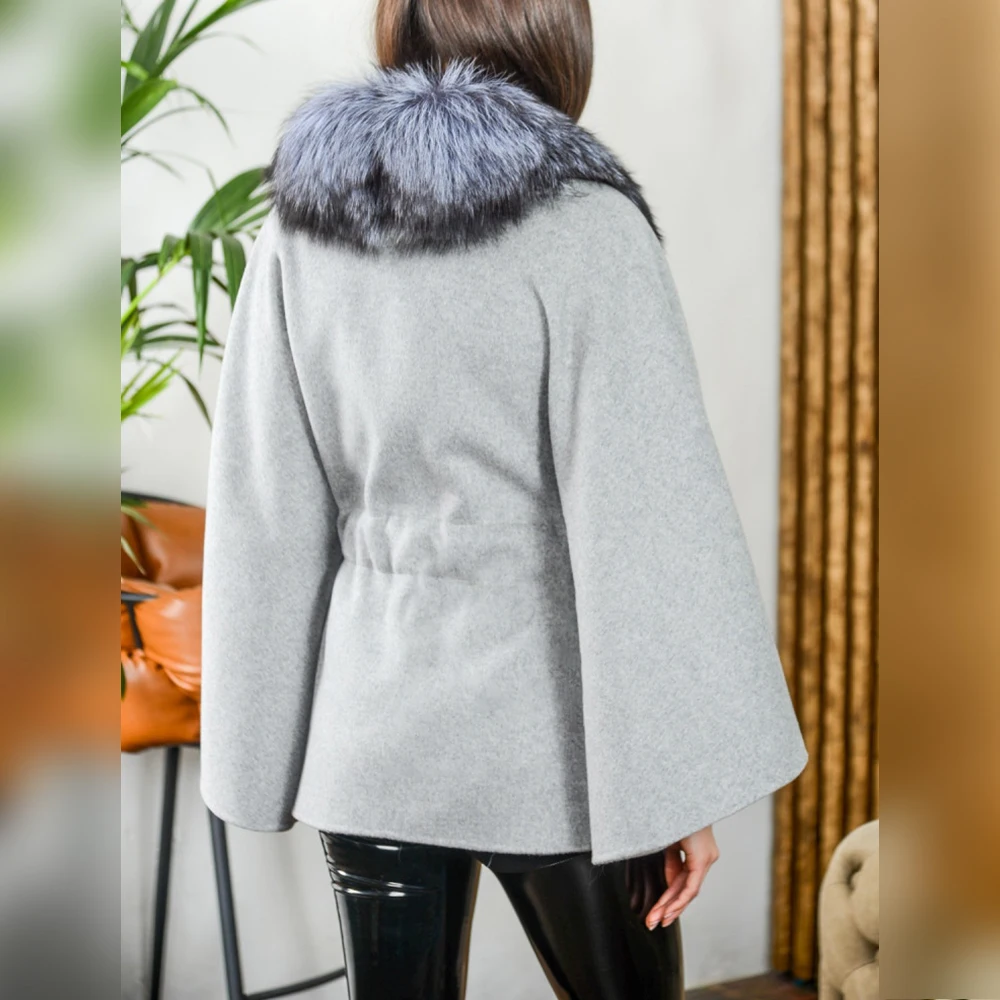 Q. FURDREAM/ Новое женское шерстяное пальто с воротником из натурального меха лисы, верхняя одежда, модное женское кашемировое шерстяное пальто, длинная тонкая одежда 4