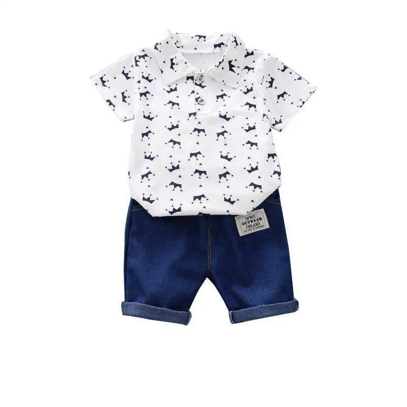 Детская одежда, Летняя Новая одежда для малышей, Детская футболка В корейском стиле с изображением Короны, Комплекты из 2 предметов для мальчиков с короткими рукавами 4