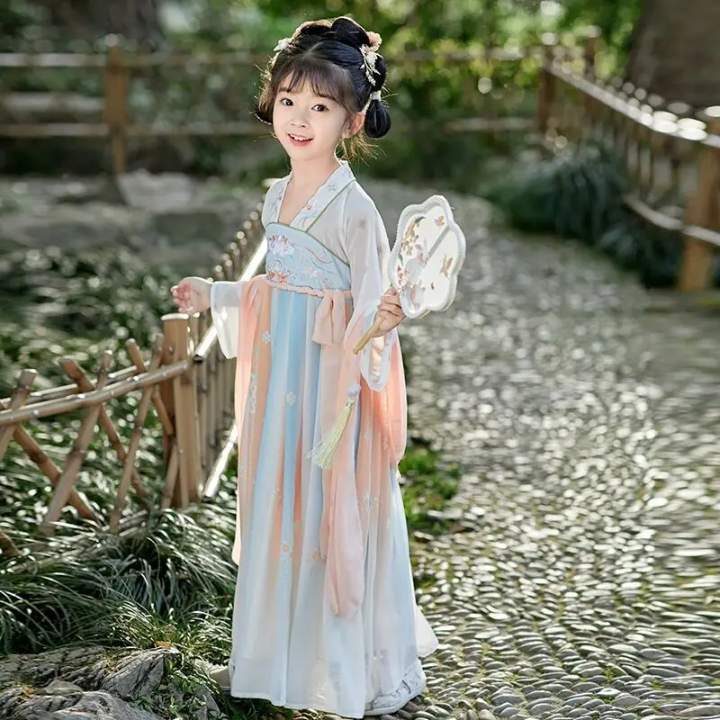 Для детей постарше Китайское улучшенное платье Hanfu Летнее Новое Вышитое Детское платье в Древнем стиле из шифона с высокой талией, длинные платья 4