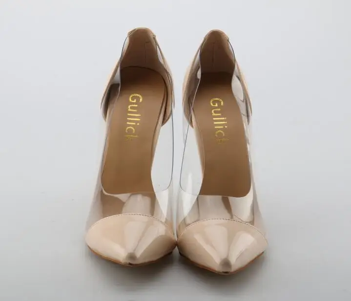 Прозрачные женские туфли на высоком каблуке из ПВХ, вечерние туфли на шпильке с острым носком, белые, телесного цвета, золотисто-красные туфли-лодочки из лакированной кожи 4
