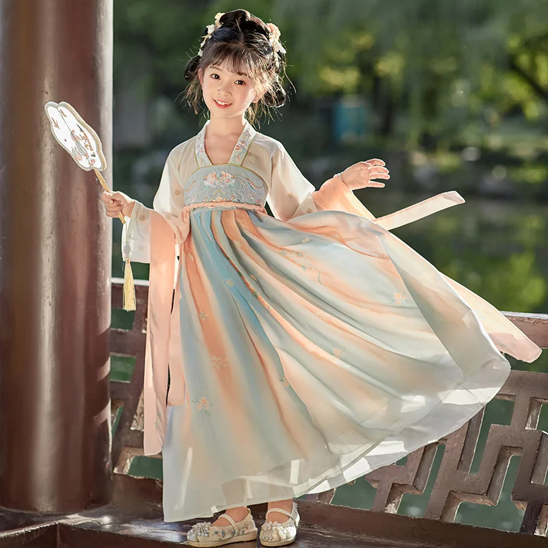 Для детей постарше Китайское улучшенное платье Hanfu Летнее Новое Вышитое Детское платье в Древнем стиле из шифона с высокой талией, длинные платья 5