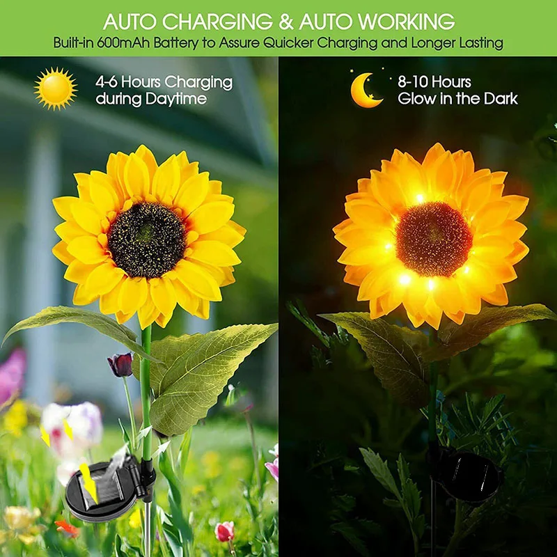 Светодиодные солнечные фонари Sunflower емкостью 600 мАч, перезаряжаемые садовые фонари, наружные водонепроницаемые ландшафтные фонари для дорожки, свадебного двора 5