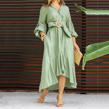 2023 Зеленое платье, модное повседневное платье в западном стиле, длинный рукав, V-образный вырез, лацкан, однотонный комбинезон, длинная юбка с карманом