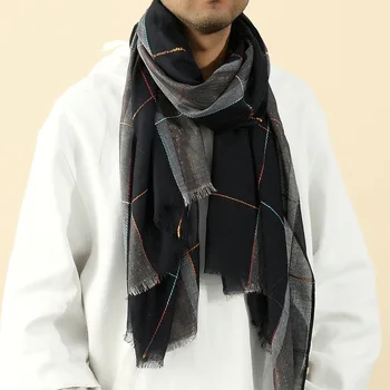 2023 Повседневный мужской шарф Унисекс, Роскошная клетчатая Черная Жаккардовая шаль, полосатый шарф с кисточками