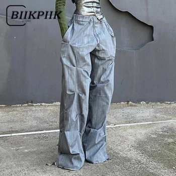 BIIKPIIK Складывает карманы, Однотонные брюки, базовые Формальные Эластичные брюки с высокой талией, Свободная Женская эстетичная одежда в винтажном уличном стиле