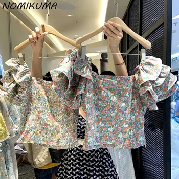 Nomikuma 2023 Весенне-летняя рубашка с цветочным рисунком, Шикарные оборки, Милая блузка с пышными рукавами и квадратным воротником, Модные Тонкие Короткие блузки Feminima