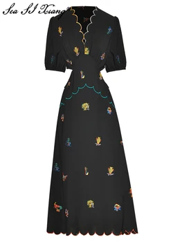 Seasixiang Модное дизайнерское весенне-летнее женское платье с V-образным вырезом, коротким рукавом, вышивкой, выдалбливают Винтажные платья миди