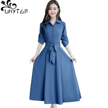UHYTGF корейских женщин большой размер платье модные пояс бантом пуловер хлопок белье платья весна осень повседневная Леди тонкий длинное платье 266
