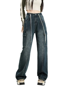 Y2k Ретро Уличная мода Джинсы с высокой талией Карман Синие Застиранные брюки Карго Пара Harajuku Простые повседневные широкие брюки