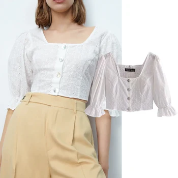 ZA 2021, Новая мода, Женские однобортные блузки с квадратным воротником, кардиган с коротким рукавом, Блузка, Свободная Повседневная рубашка