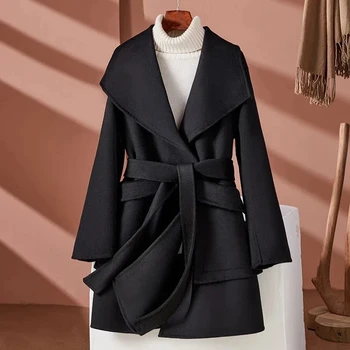 Двойное кашемировое шерстяное пальто, женский пояс средней длины, Модная двубортная 2023, Новая зимняя куртка, пальто, женская верхняя одежда верблюжьего черного цвета.