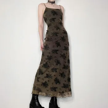 Длинное платье с фрагментированным цветком во французском винтажном стиле, женское длинное платье с сетчатым деревянным ремешком для ушей