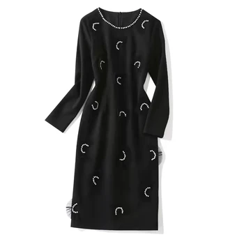 Европейская и американская женская одежда, новинка осени 2022, модное черное платье с длинным рукавом и круглым воротником в виде веерообразной булавки-бусины