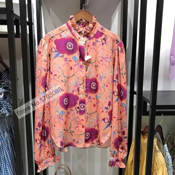 Женская блузка рубашка с оборками и цветочным принтом с длинным рукавом и оборками