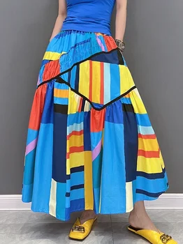 Женская юбка контрастного цвета, подходящая для летней моды 2023 года, Хлопковая Льняная Повседневная Тонкая юбка в полоску с рисунком сращивания