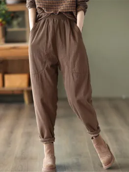 Женские брюки с подкладкой, осенне-зимние повседневные теплые брюки в стиле ретро, 2022, женские новые тонкие простые брюки из хлопка и льна, плотные брюки