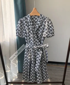 Женское Мини-платье из 100% хлопка с зубчатым воротником, коротким рукавом и принтом на завязках