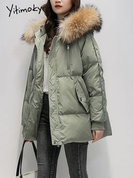 Зеленое пальто Yitimoky, Женская осенне-зимняя куртка 2022, Корейская мода, Парки Оверсайз с меховым воротником, капюшон, Черные пуховики