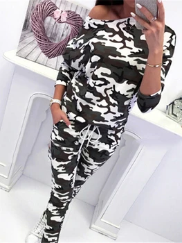 Камуфляжный спортивный костюм с леопардовым принтом, женские комплекты брюк из двух частей, осенняя одежда, топ и брюки, костюм, женская повседневная одежда для отдыха